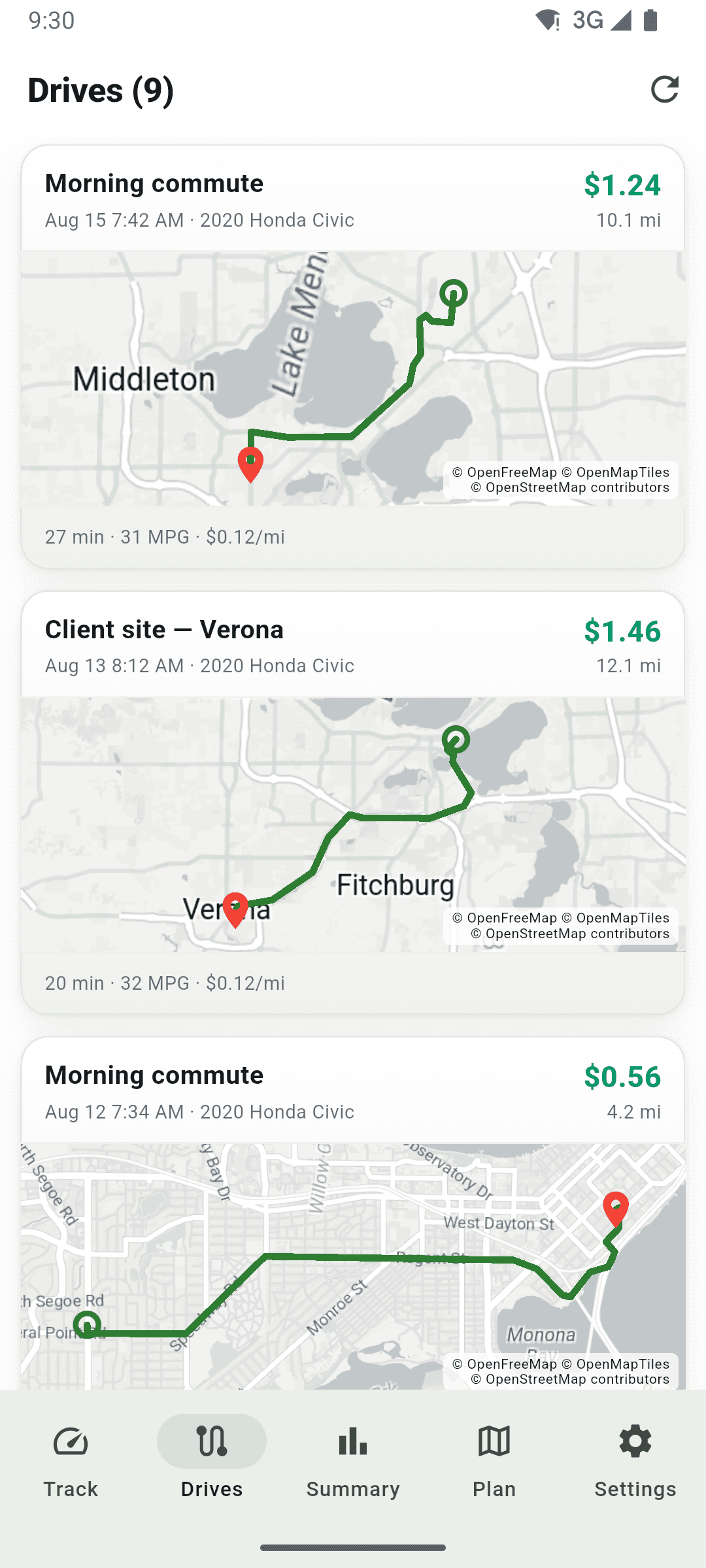 The Drives list: each trip a card with its cost, distance, vehicle and a map of the route it took.