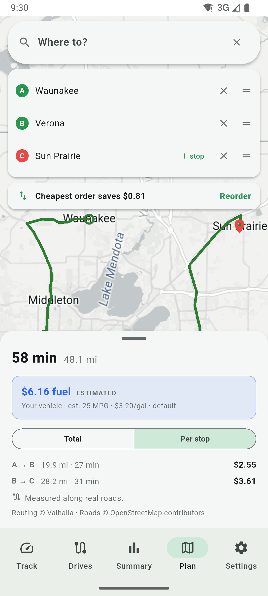 The same planned trip with the cost view switched to Per stop: A to B is 19.9 miles and $2.55, B to C is 28.2 miles and $3.61, under a $6.16 total.